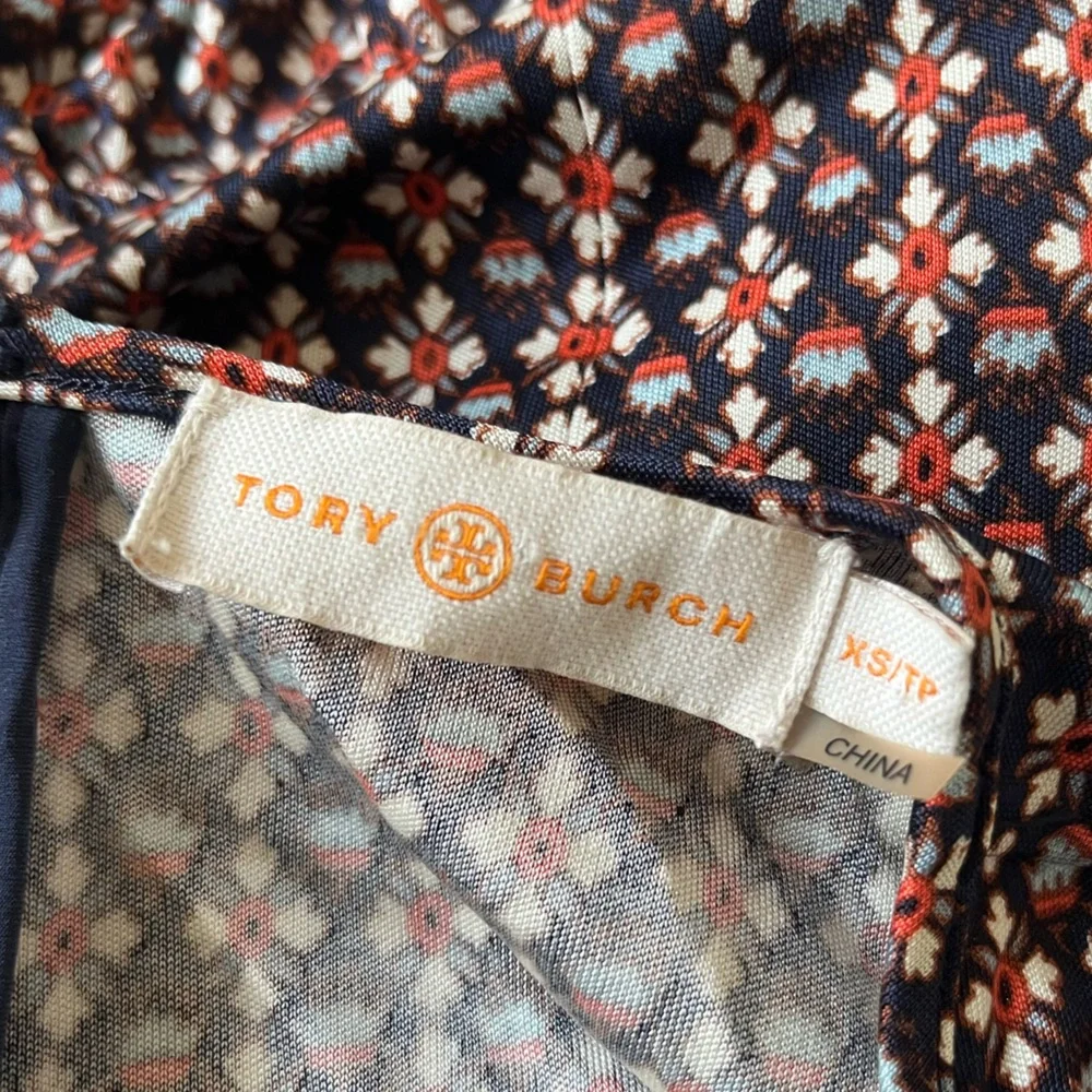 Tory Burch Three Quarter Sleeve Navy Blue Red Floral Printed Silk Dress EUC XS